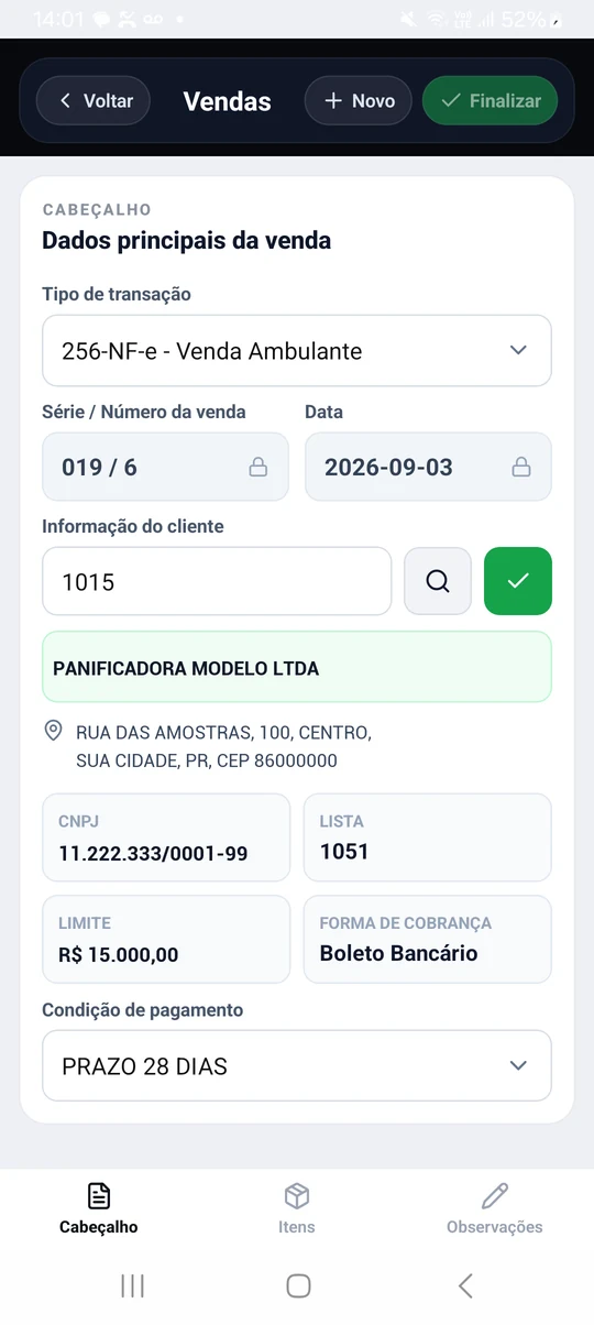 Cabe&ccedil;alho do pedido