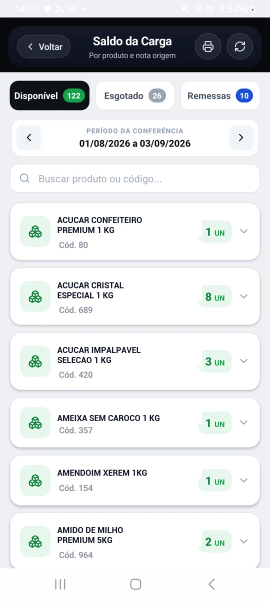 Saldo da carga por produto e remessa
